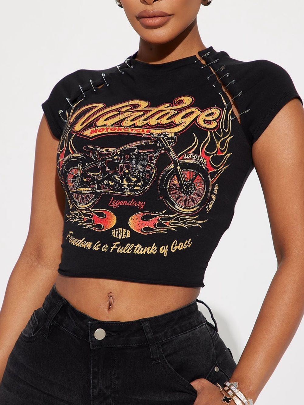 Fashion Nova Cut-Out Safety Pin Hardware Motorcycle Graphic Crop Baby Tee NWOT